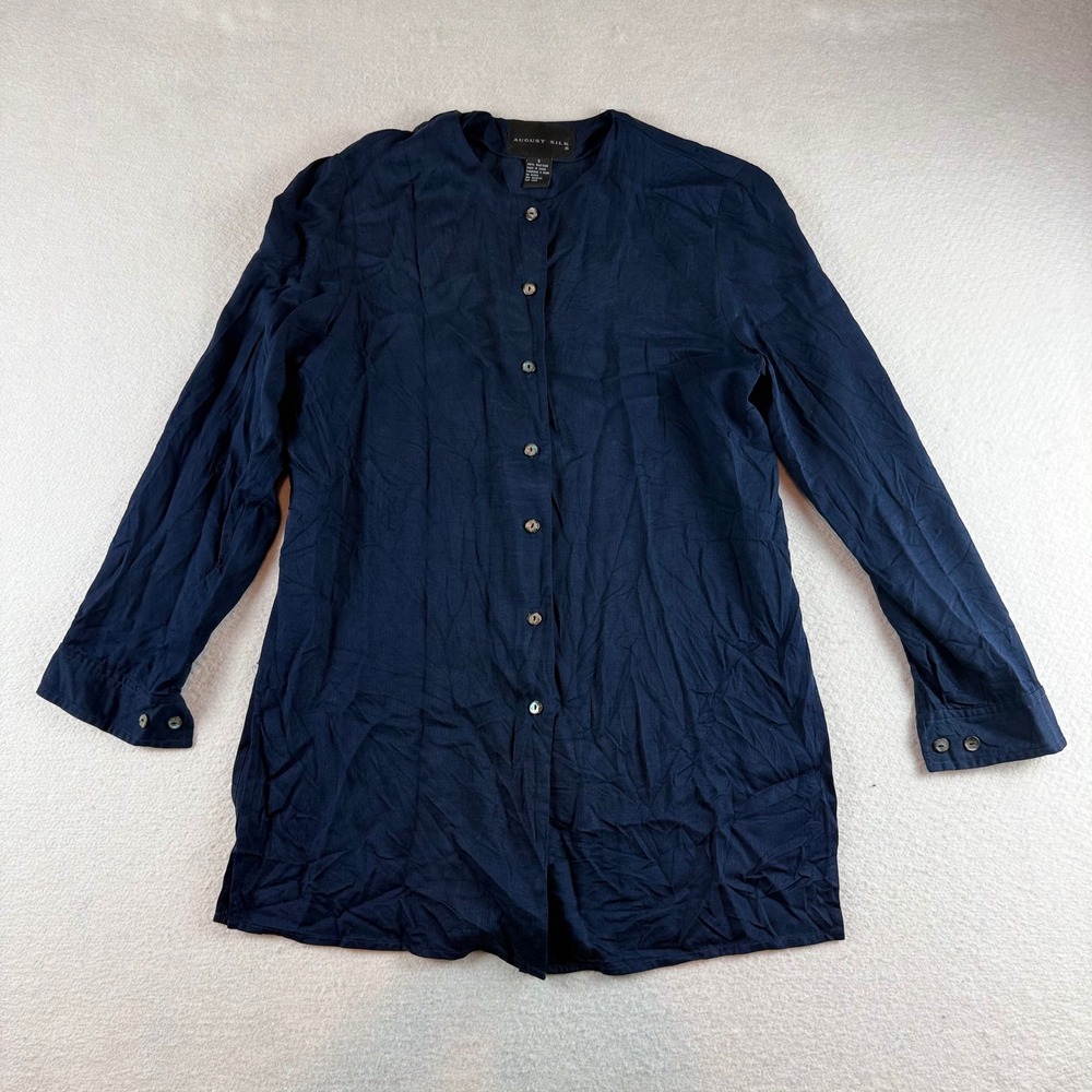 August Silk Navy Blue 100% Silk Button Front Collarless Blouse Tunic Small